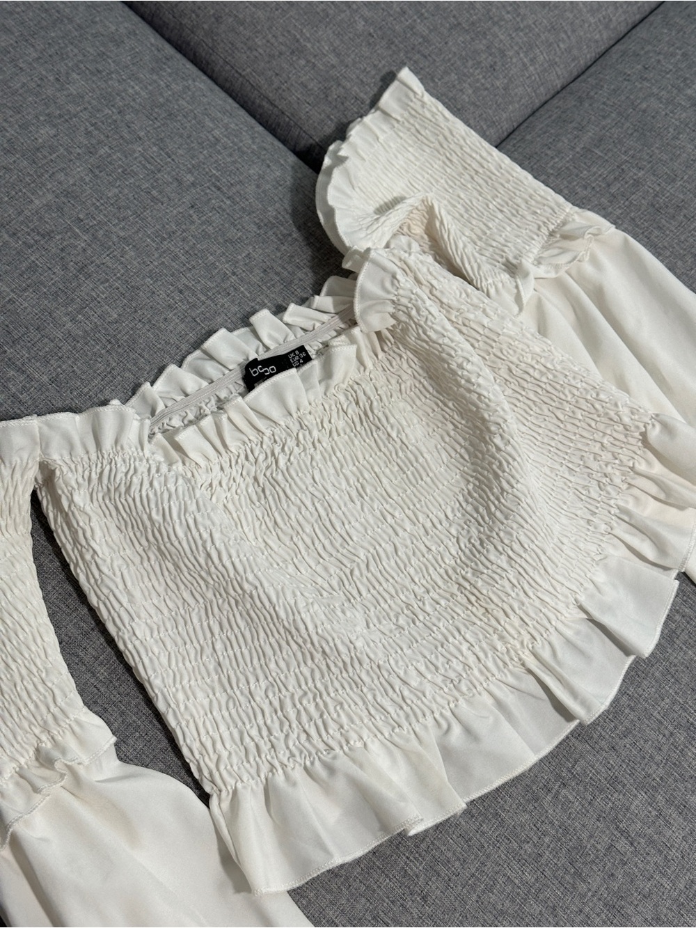 Boohoo Cream Smocked Ruffle Off-Shoulder Crop Top